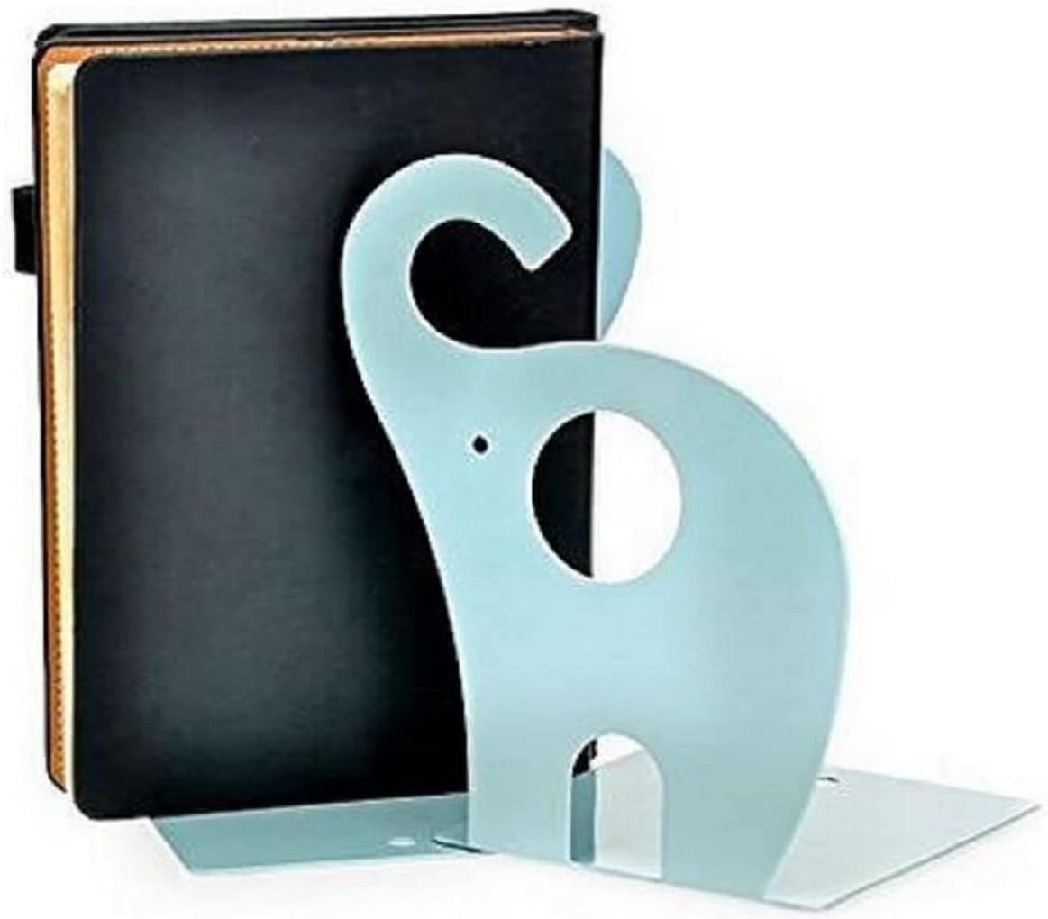 one Pair Cute Cartoon Elephant Nonskid Bookends Art Bookend Metal Bookends (Blue)