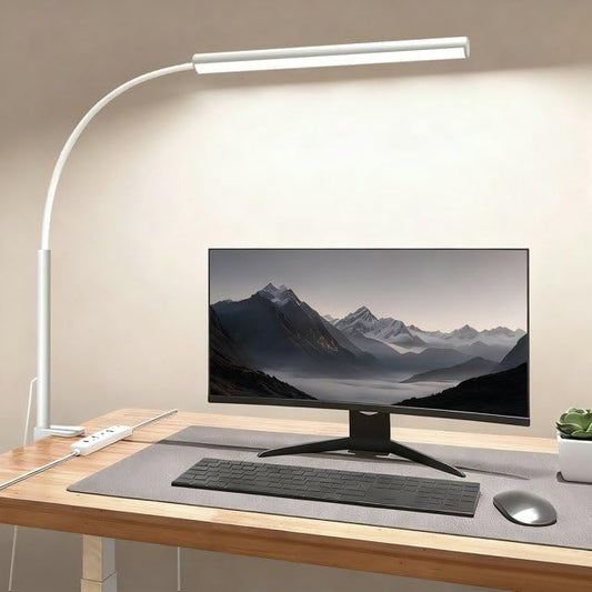 LED Desk Lamp with Clamp, Eye-Protection Clip on Desk Lamp, 5 Modes 10 Brightness Adjustment, 360°Flexible Gooseneck Lamp for Home Office, Lamps with USB Adapter,White