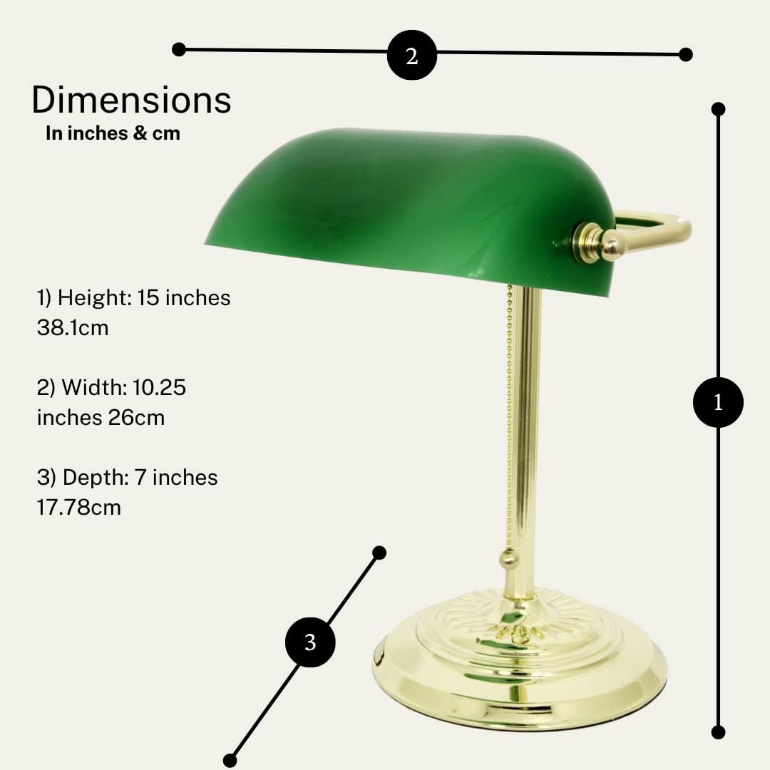 LIGHTACCENTS Traditional Banker’s Desk Lamp with Green Glass Shade and Brass Base – Classic Desk Lamp with Pull Chain, Office Lighting, Vintage Style Reading Light