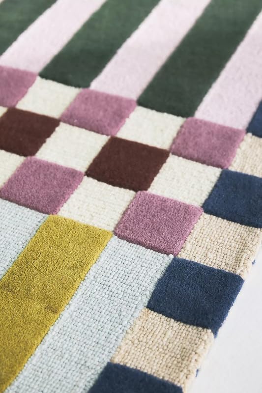 Hand-Tufted Wool Plaid Checkered Area Rug – Modern Geometric Color Block Pattern, Soft Plush Carpet with Cotton Backing for Living Room Bedroom Dining Room Nursery (Blue, 3' x 5')