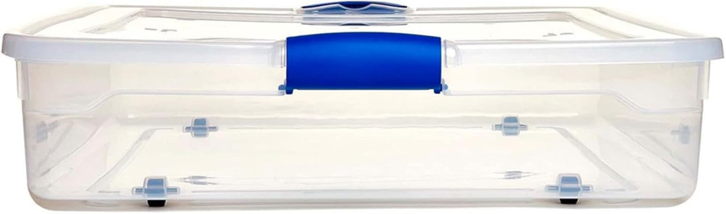 HOMZ 2-Pack Under Bed Storage, Clear Plastic Containers with Lids, 56 Quart, Blue Latch - Stackable Underbed Organizer Bins for Shoes, Bags, Clothes, and Towels