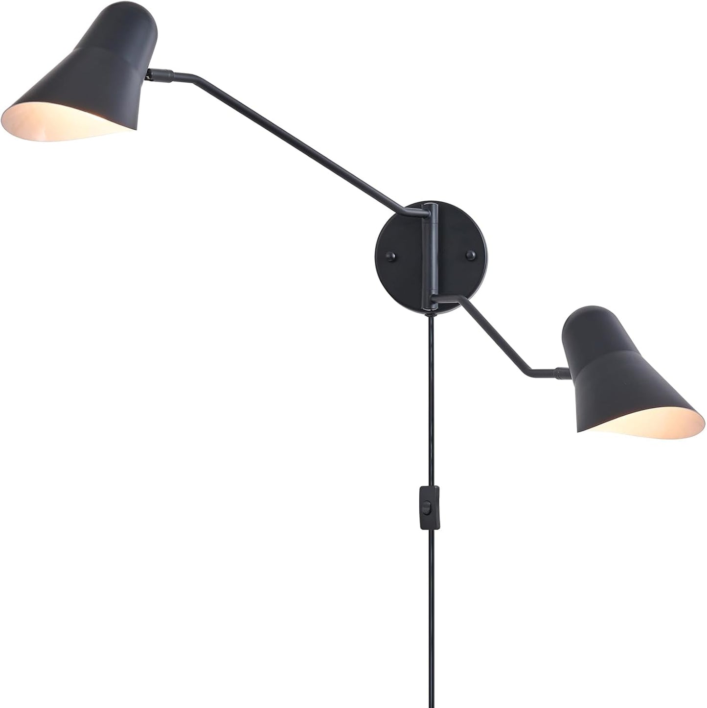 Modern 2-Lights Swing Arm Wall Sconces Black Plug in Wall Light 180° Rotatable Wall Mount Lamp with ON/Off Cord for Bedroom, Living Room, E26 Base
