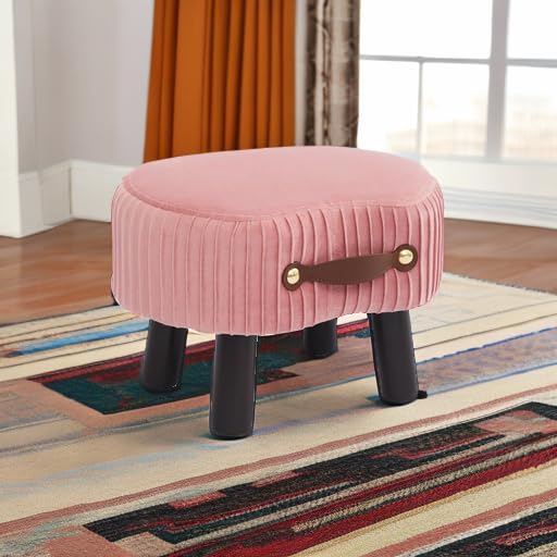 Small Footstool with Handle, Velvet Ottoman Foot Rest with Padded Seat, Curved Foot Stool with Wooden Legs, Portable Foot Rest for Living Room, Bedroom, Entryway, Pink