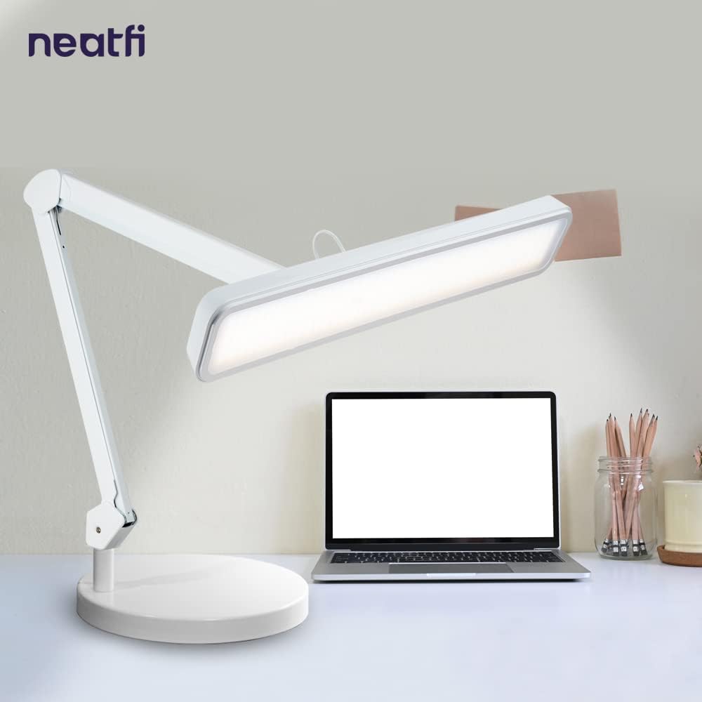 Neatfi XL 2,500 Lumens 30W LED Task Lamp – 22” Wide Shade | 324 SMD LEDs | 5 Light Modes | 3000K–6000K | Dimmable | Eye-Caring Desk Light for Home, Office (CCT with Base, White)