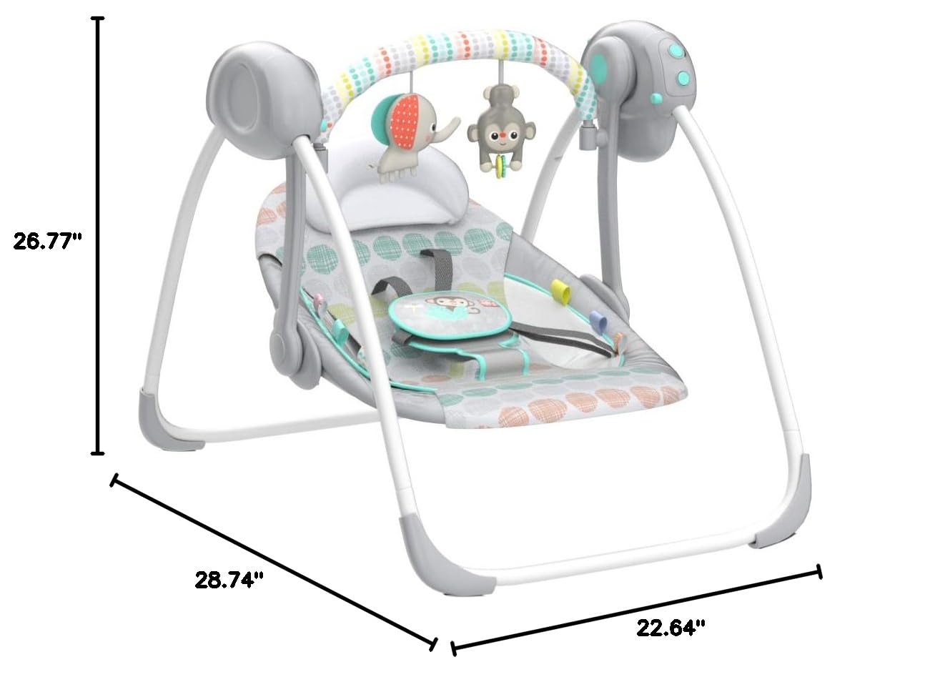 Bright Starts Portable Automatic 6-Speed Baby Swing with Adaptable Speed, Taggies, Music, Removable-Toy-Bar, 0-9 Months 6-20 lbs (Whimsical Wild)
