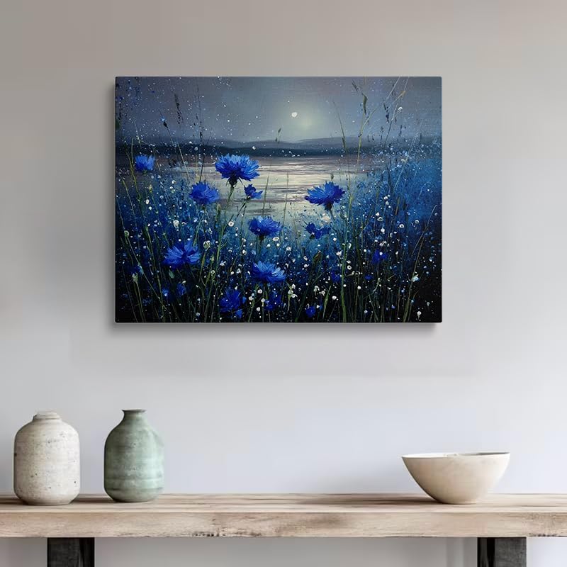 Beautiful Blue Cornflowers Moonlit Lake Landscape Canvas Wall Art - Tranquil Nature Home Decor for Living Room & Bedroom Bathroom - HD Waterproof Stretched Framed Art Print Ready to Hang 12x16 Inches