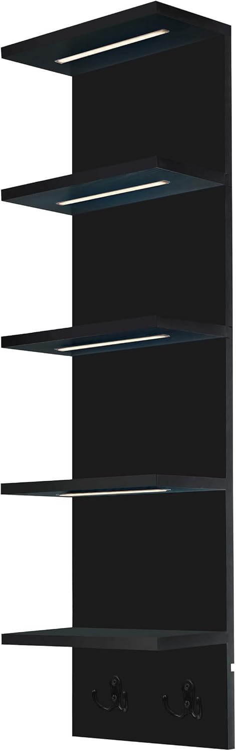 Sorbus LED Light Display Shelf - Vertical 5 Tier Wall Shelf Unit with 2 Hooks, Column Utility Shelving for Home Decor, Wall-Mounted Floating Shelves for Bathroom, Bedroom, Vanity, Figurine Display