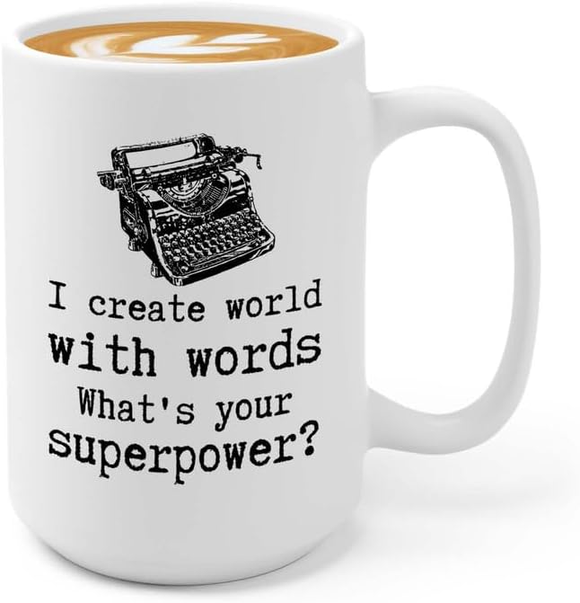 Writer Coffee Mug 15oz White - Create World with Words - Funny Author Gift To Book Lover Bookish Bookworm Writing Sarcasm Poetry Novelist Journalist