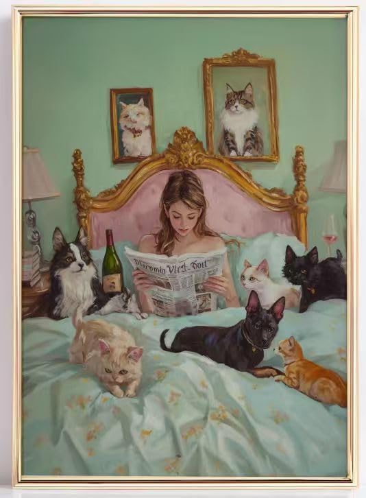 Vintage Cat Wall Art Framed, Whimsical Woman Reading Painting Poster, Woman Reading with Cats Illustration Canvas Print French Aesthetic Bedroom Picture Wall Decor 12x16 Inches