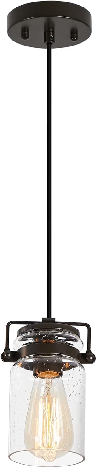 Pendant Lighting for Kitchen Island, Modern Glass Pendant Light Linear Chandelier for Dining Room, 1 Light Industrial Hanging Light Fixture Adjustable Cord Farmhouse Ceiling Light Black Finish