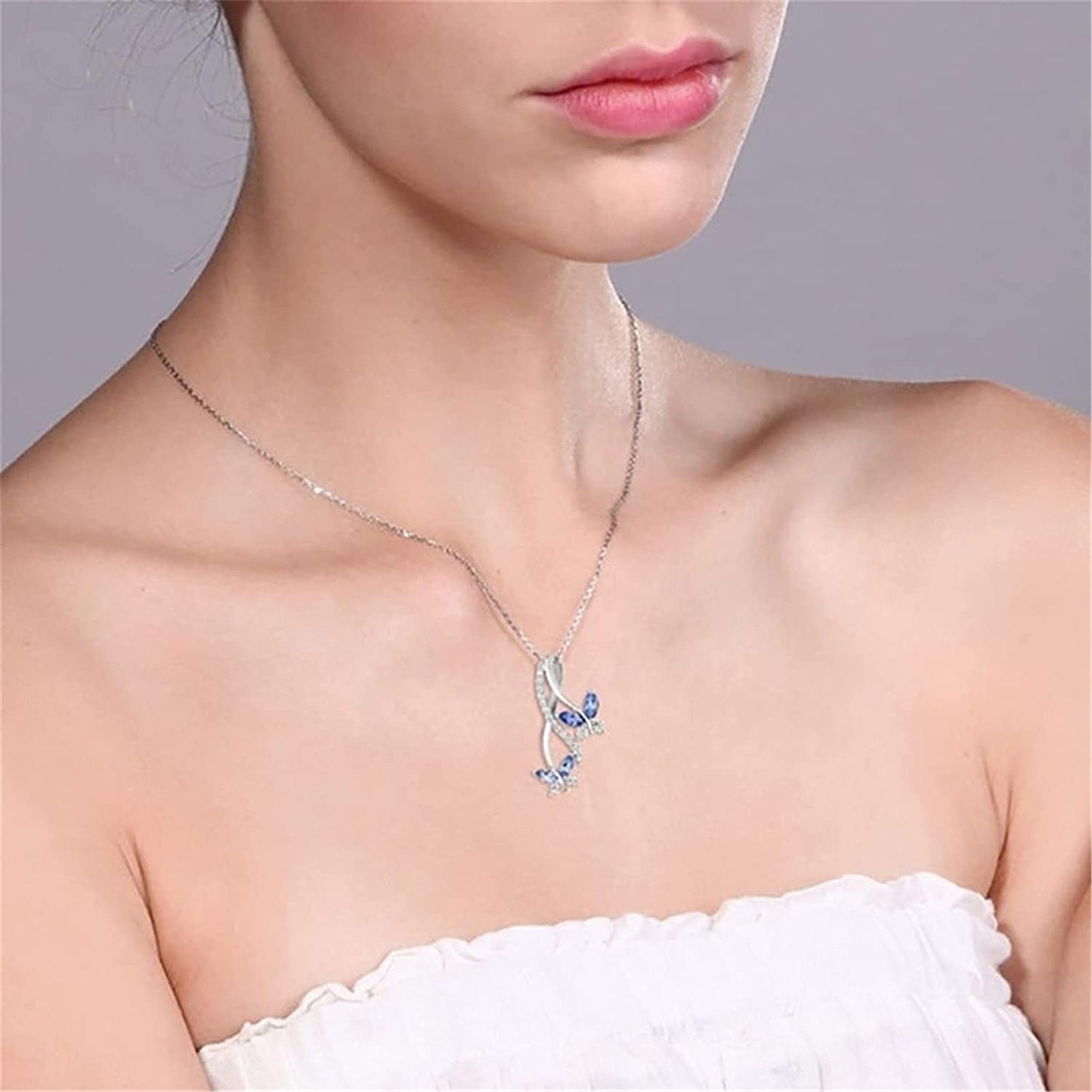 925 Sterling Silver Blue Topaz Butterfly Pendant Necklace For Women Jewelry Gift