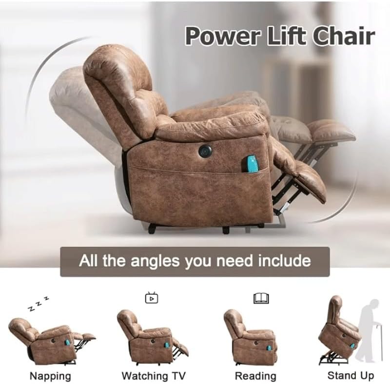 Electric Lift Recliner Chair PU Leather Modern Ergonomic Leisure Recliner Chair Sofa for Elderly, Large Power Lift Recliner Chairs with Massage and Heated, Faux Leather Electric Home Sofa with 2 Side