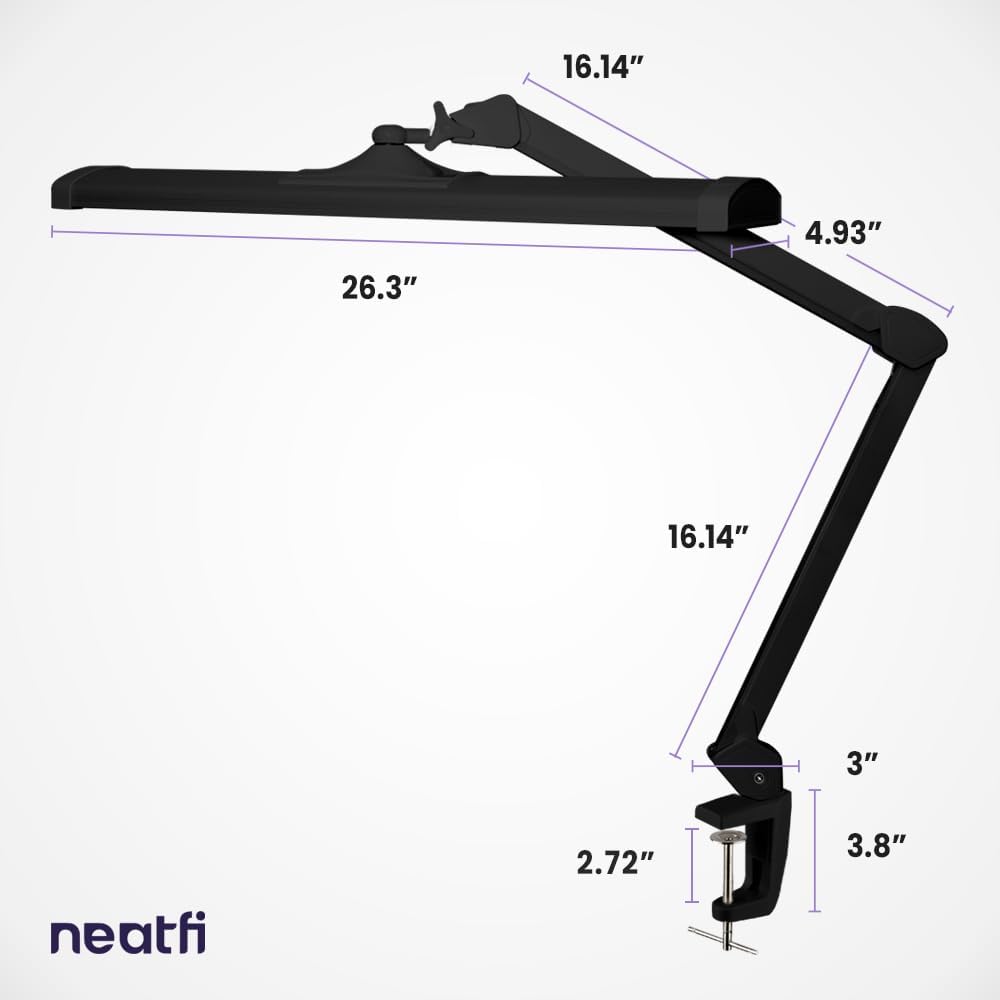 Neatfi Ultra 3,500 Lumens LED Desk Lamp – 45W, 26” Wide Metal Shade, 270 SMD LEDs, Shadow-Free | Adjustable Brightness | Non-Flickering Task Light for Nail, Craft & Office (Non-CCT with Clamp, Black)