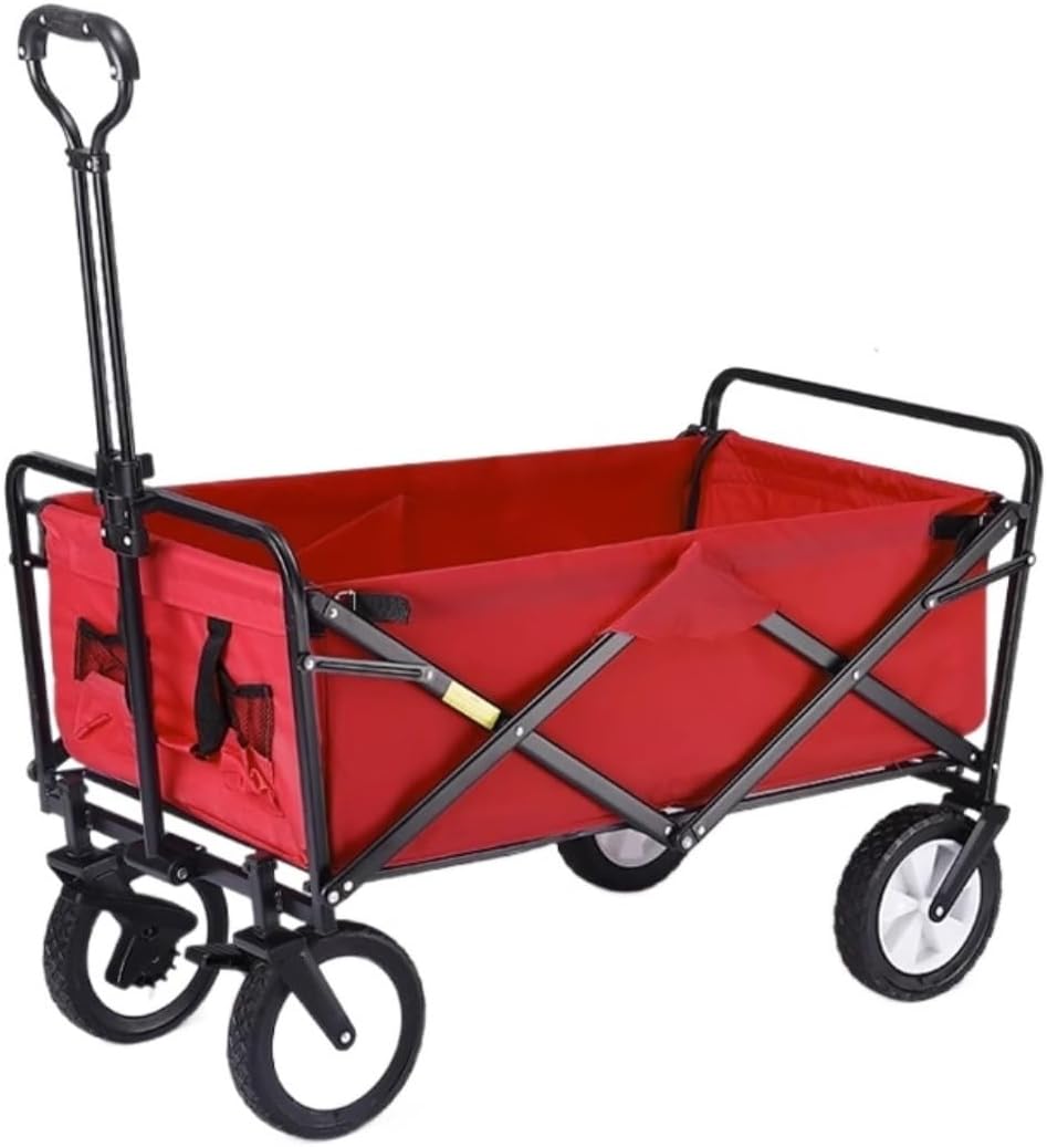 Portable Camping Cart,Outdoor Folding Wagon with Brakes Portable Beach Cart for Camping Gardening and Festivals Foldable Hand Pull Cart with 4 Wheels (Red)