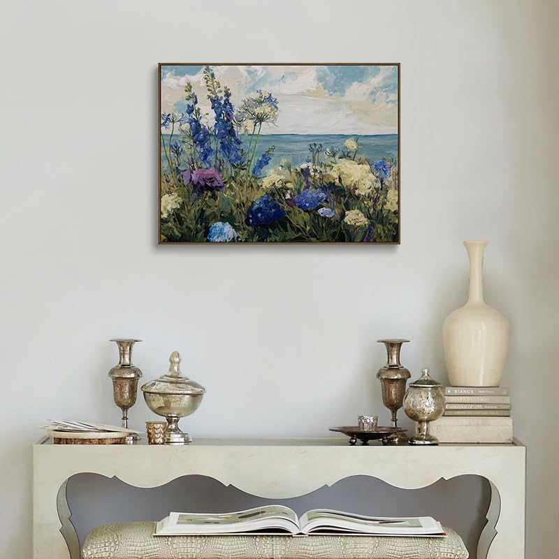 Floral Canvas Wall Art Blue Purple Flowers Ocean View Wall Decor Coastal Prints Nature Posters Abstract Painting Framed Artwork For Living Room And Bedroom And Office Space My Home Decor 16x24 Inches