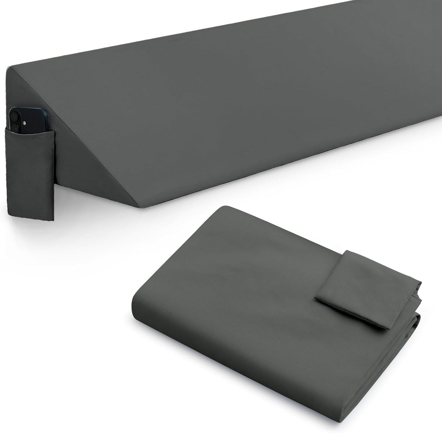 INVGEEXI Dark Grey Queen Size Bed Wedge Pillow Cover with Side Pocket, Soft & Breathable Microfiber Headboard Wedge Pillow Case Cover for Headboard Gap, 60" L x 10" W x 6" H (Pillow Not Include)