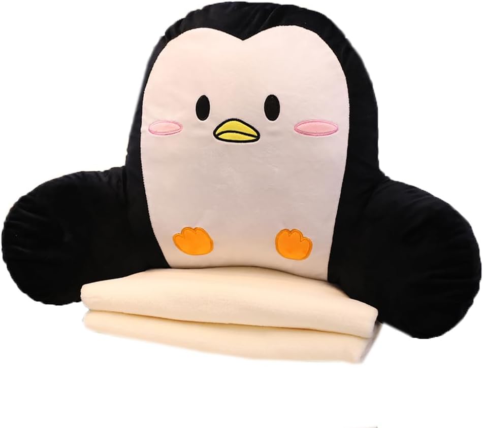 Tingting's Dream Cartoon Office Chair Waist Pillow Car Lumbar Back Cushion Cute Plush Sofa Bed Rest Reading Pillow with Blanket (Black Penguin, 70×50CM/27.56"×19.7")