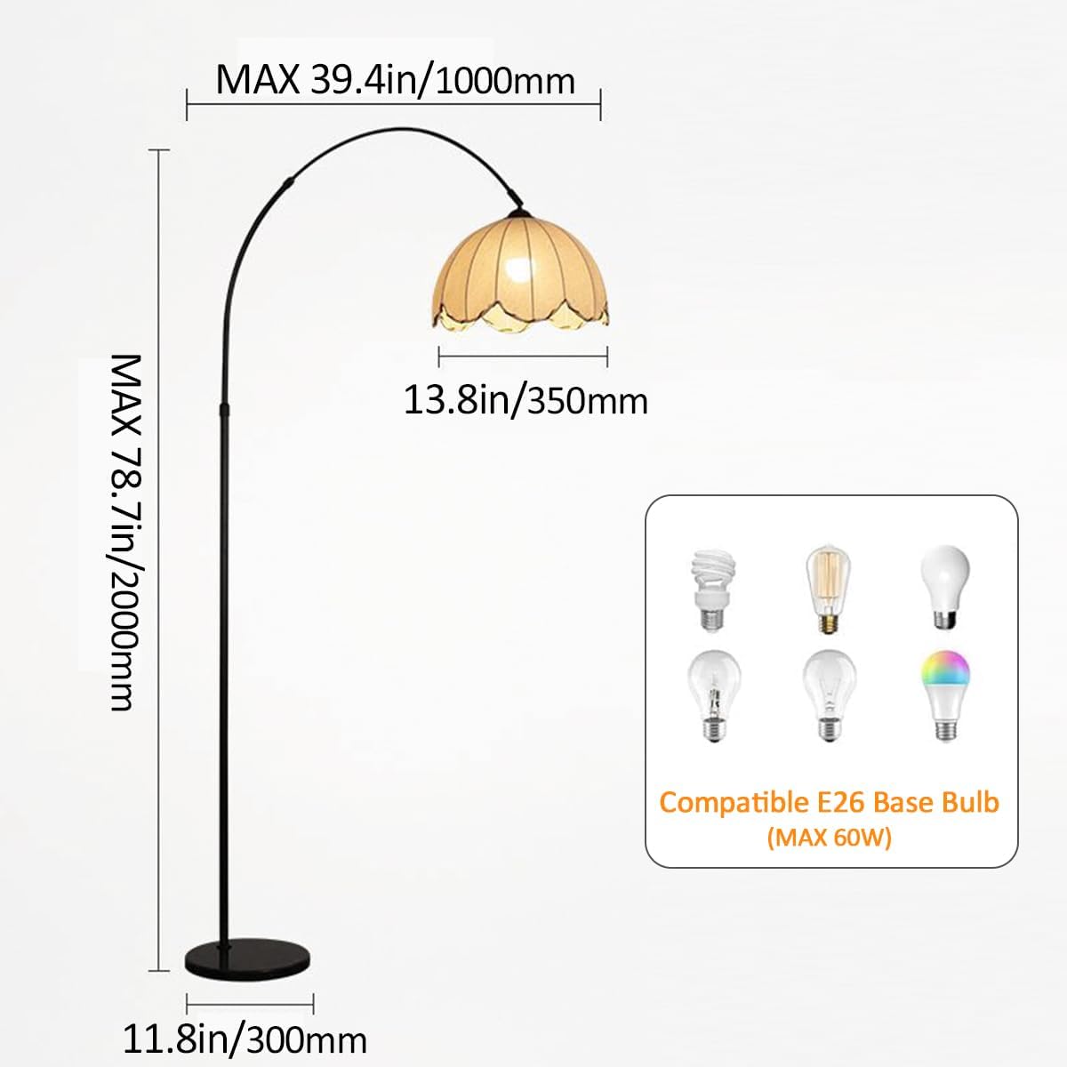 Arc Floor Lamp Black Floor Lamps Adjustable Height Standing Lamp with Marble Base Fabric Shade Tall Lamp with Push Button Switch Arch Sofa Reading Light for Bedroom Office