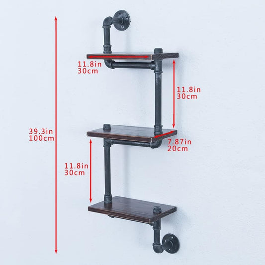 Industrial Pipe Shelving Wall Mounted,11.8in Metal Floating Shelves,Real Wood Book Shelves,Wall Shelf Bookshelf Shelves Bar Shelving(3 Tier)
