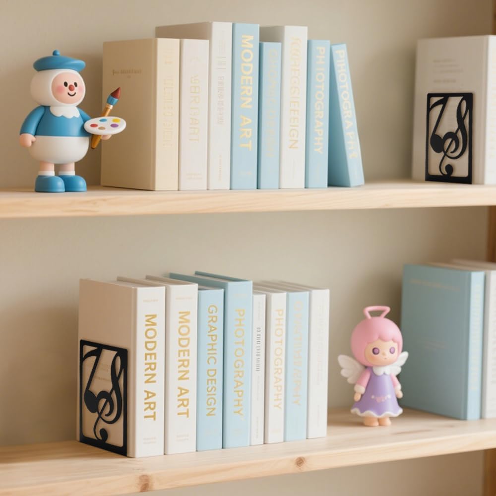 3 Pairs Book Ends Metal Bookends for Shelves, Decorative Bookends for Heavy Books Non-Skid Musical Note Bookshelf Holder, Book Stopper Bookshelf Decor for Family, Office and School