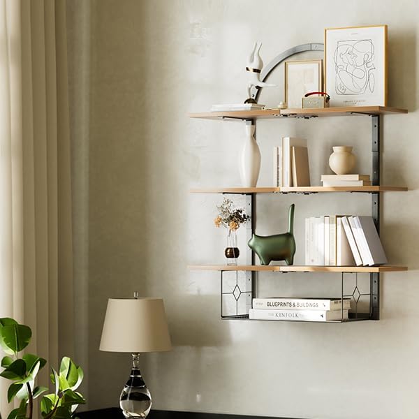Floating Shelf for Wall- 31.5"x 24" 3+1 Tier Floating Shelves with Basket for Bathroom, Living Room,Bedroom and Kitchen Rustic Brown