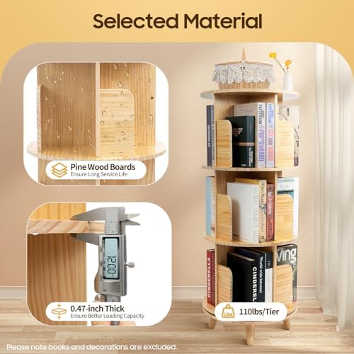 360° Pine Wood Rotating Bookshelf - Floor Standing Bookcase Storage Rack for Kids & Adults - Versatile Organizer for Living Rooms, Studies, and Bedrooms