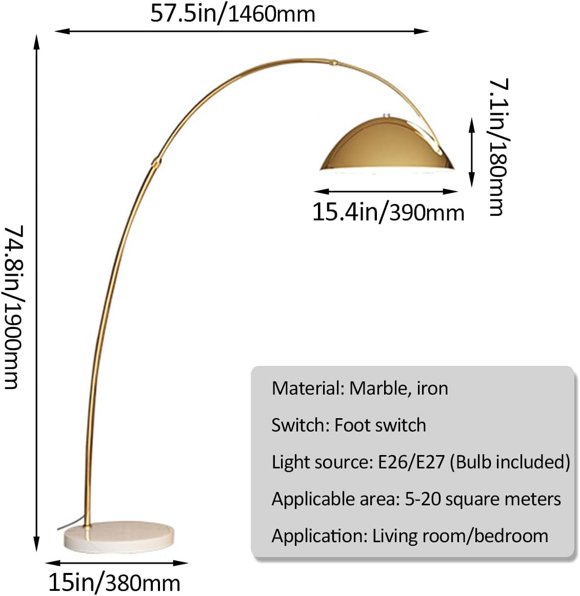 Arc Floor Lamps for Living Room Adjustable Height Standing Lamp Black Polishing Metal Floor Lamp Modern Tall Reading Lamp with Marble Base Over Couch Lamp for Bedroom Study Room Office