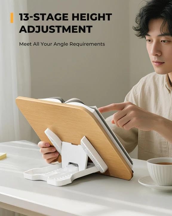 Adjustable Book Stand for Reading, 13 Height Levels Book Holder, Hands-Free Desktop Book Stand with Page Clips, Foldable Book Stand for Textbooks, Cookbooks, Tablets & Study