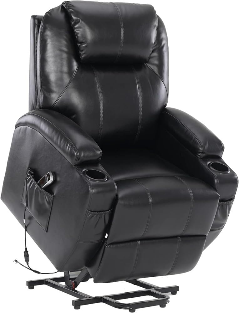 Full Air Leather Power Lift Recliner Chair for Elderly Adults Electric Recliner with Side Pockets USB Charge Ports Remote Control Comfortable Black Power Chair