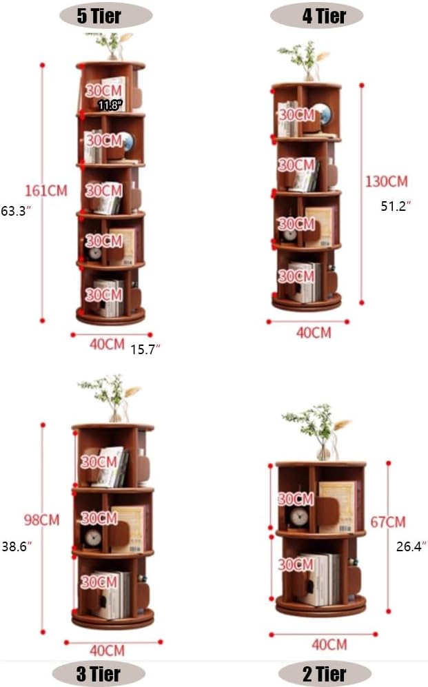 Solid Wood Rotating Bookshelf 360° Rotating Bookcase Small Floor Standing Bookcase Book Shelf 3 Tier 4 Tier Display Rack for Living Room Bedroom(Walnut,2 Tie)