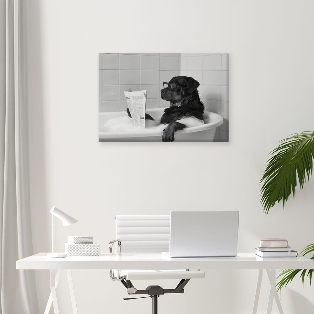Funny Wall Art Bathroom Wall Decor Rottweiler Dog Reading Newspaper in Bubble Bath Black and White Print Canvas Wall Prints poster Retro Home Office School Library Decor Framed8x12inch