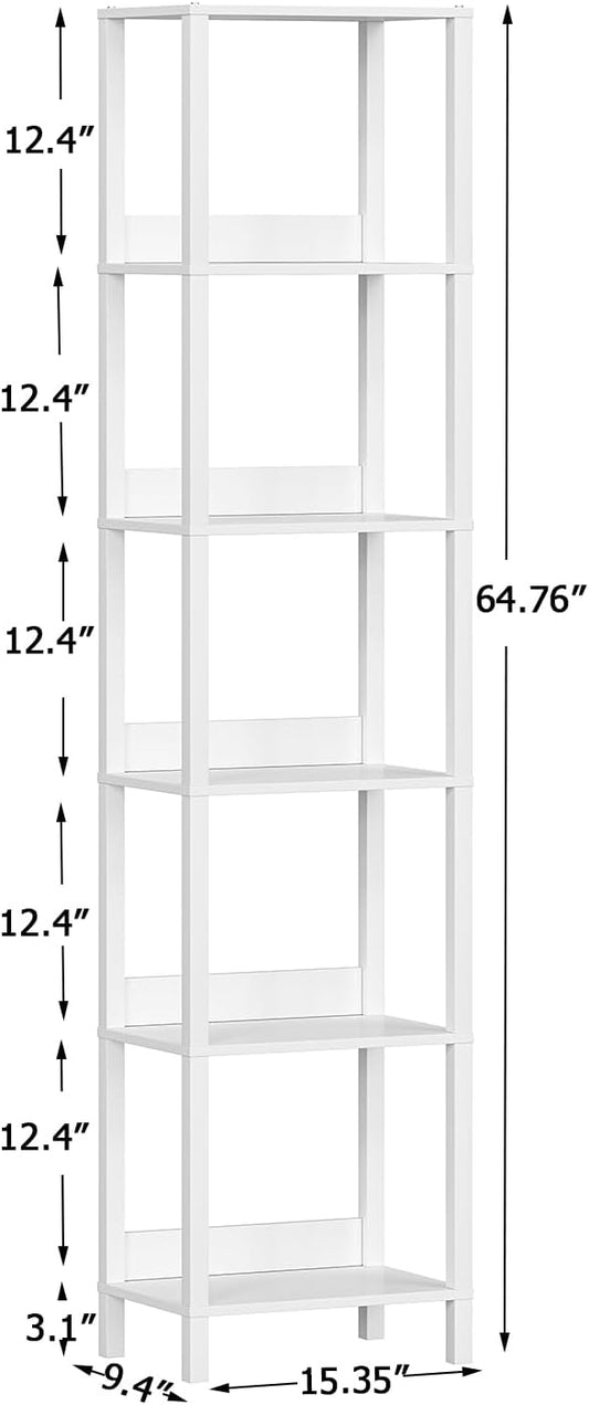 VIMBER 6 Tier Bookshelf with Anti-Fall Baffle, Tall 64.79" Bookcase with DIY Shelves, Industrial Book Shelf Storage Organizer, Display Free Standing Shelf Unit for Bedroom, Living Room, Office, White