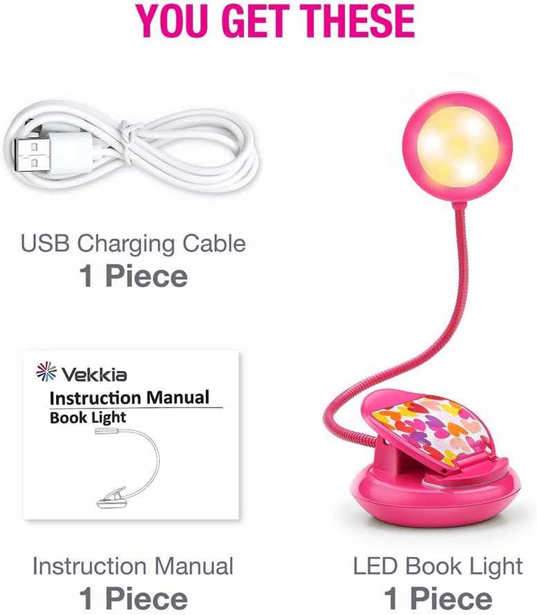 Vekkia Cute Rechargeable Book Light, Eye-Care Clip on Lights for Reading in Bed, 3 Colors & 3 Brightness, 1.8oz Lightweight, Up to 40 Hours Useage, Great Gifts for Kids & Readers (Rose Red)