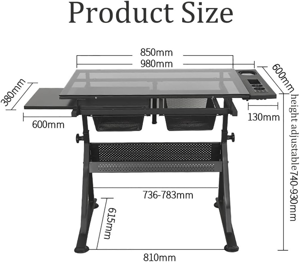 Drawing Tilting Tablet,Folding Art Desk/Drafting/Drawing Table/Craft Desk with Adjustable Height 74-93Cm, 2 Drawers and 0-80° Tiltable Tabletop, Tempered Glass