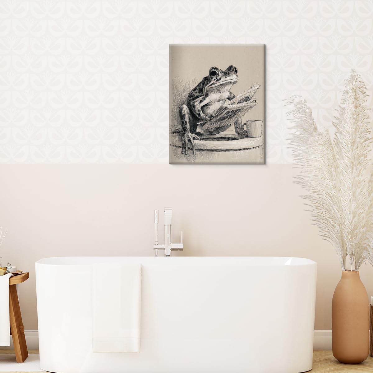 Funny Retro Frog Bathroom Wall Art Frog Reading Newspaper on Toilet Canvas Print Poster Funny Animal Bathroom Wall Decor 8x10 Inch Framed