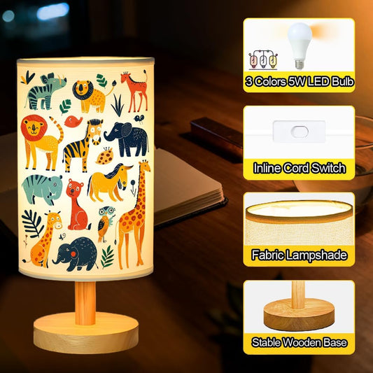 Safari Animal Kids Bedside Table Lamp for Bedroom, 3 Colors Nightstand Light Lamp with Wood Base Round Flaxen Fabric Shade Desk Reading Lamp for Girls Boys Room Decor, Animal Nursery Stuff Boys Gifts