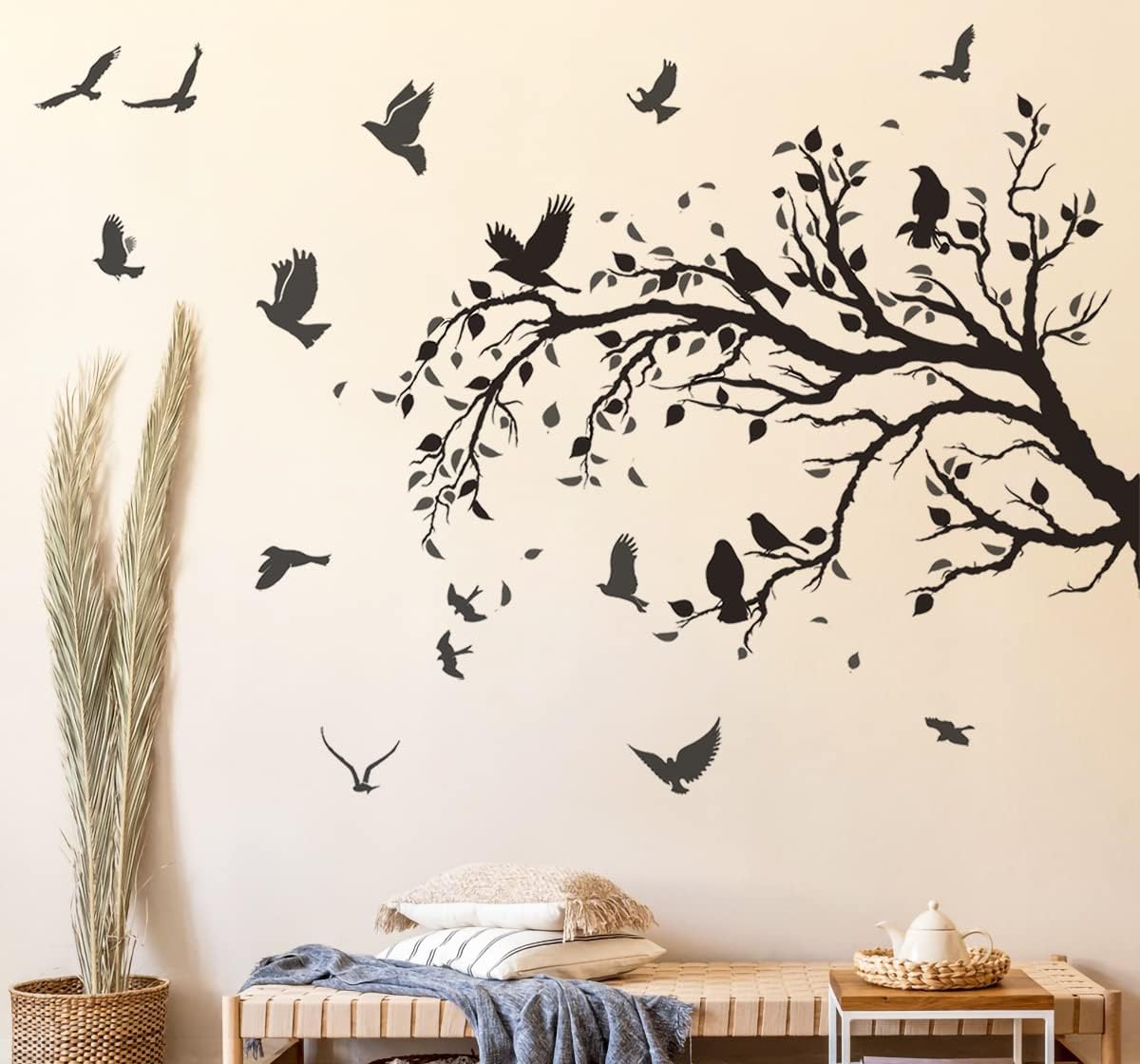 Black Tree Branch Flying Birds Wall Decal 50" × 30" DIY Birds Leaves Wall Stickers Peel & Stick Removable Vinyl Art Decals for Living Room Bedroom TV Background Wall Decor