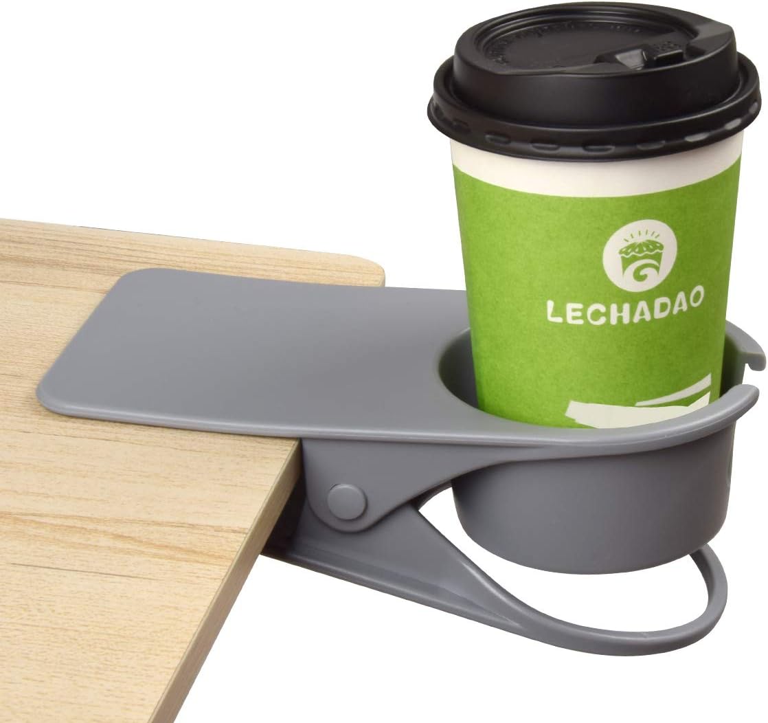 Gray Desk Table Edge Clamp Cup Holder for Office - Place Water Glass, Coffee Mug, Beverage, Phone