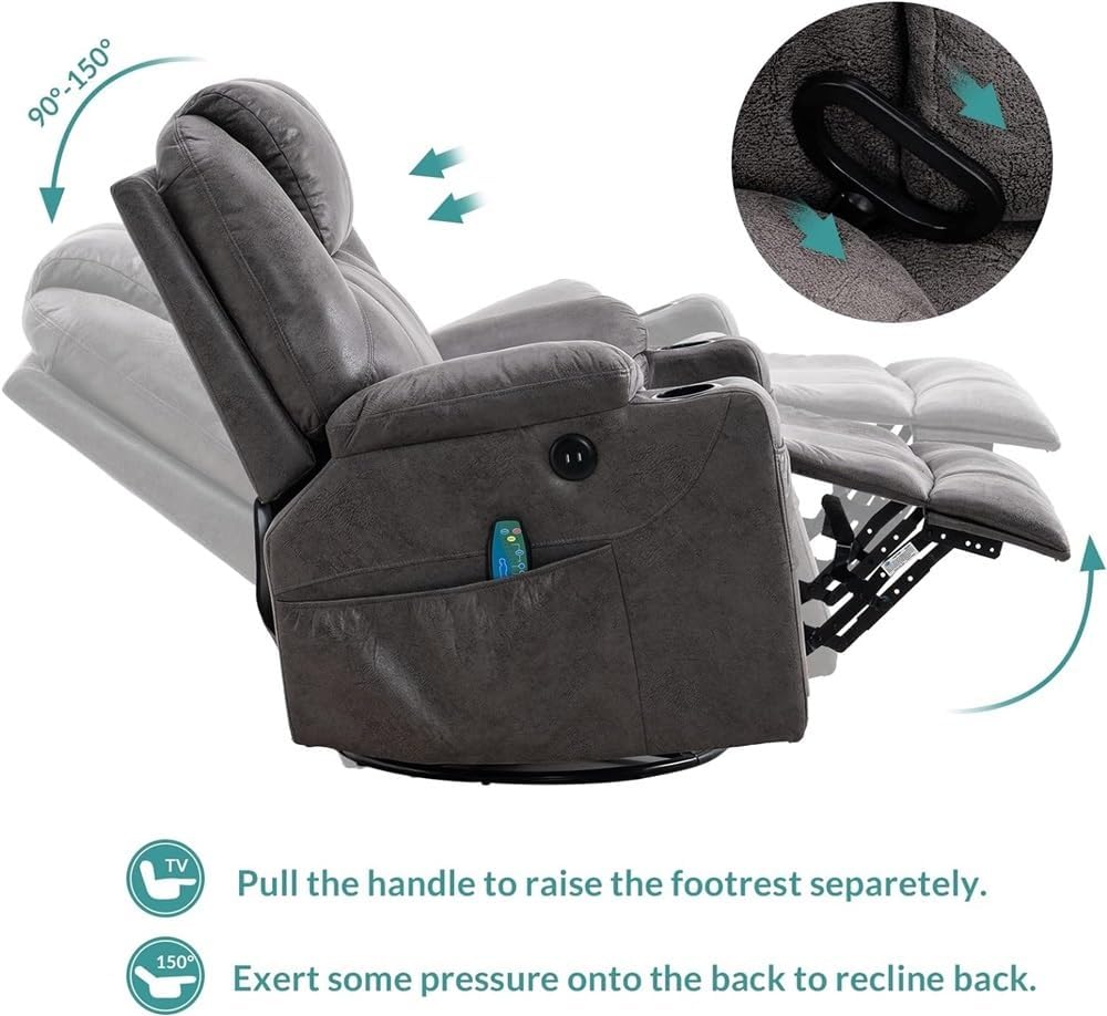 Gray Electric Swivel Rocker Recliner Chair with Massage and Heat, 360° Glider Recliner for Adults with Cup Holders Remote Control USB Ports, Heated Reclining Lounge Chair