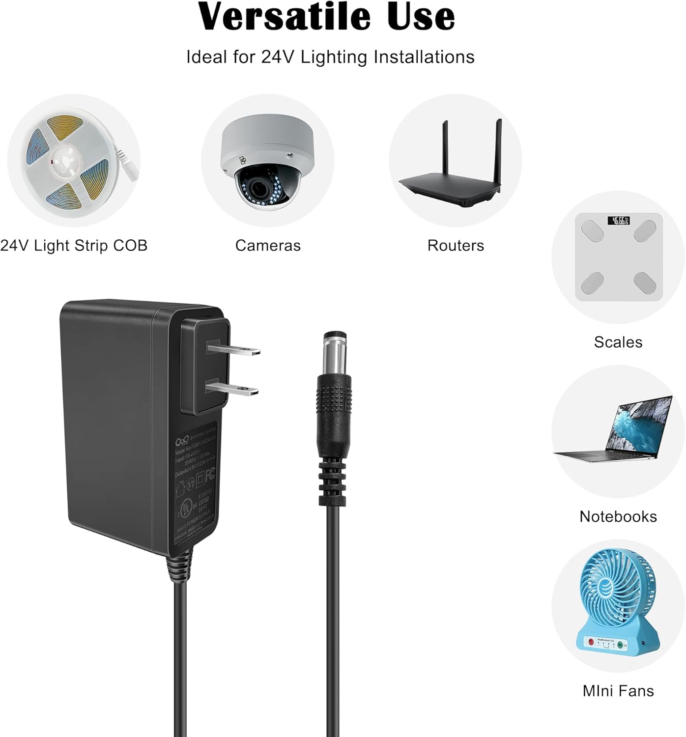 24V DC 2.5A LED Power Supply Adapter – 60W Max, UL Certified, Flicker-Free for 24V LED/COB Strips & CCTV, 5.5×2.1mm