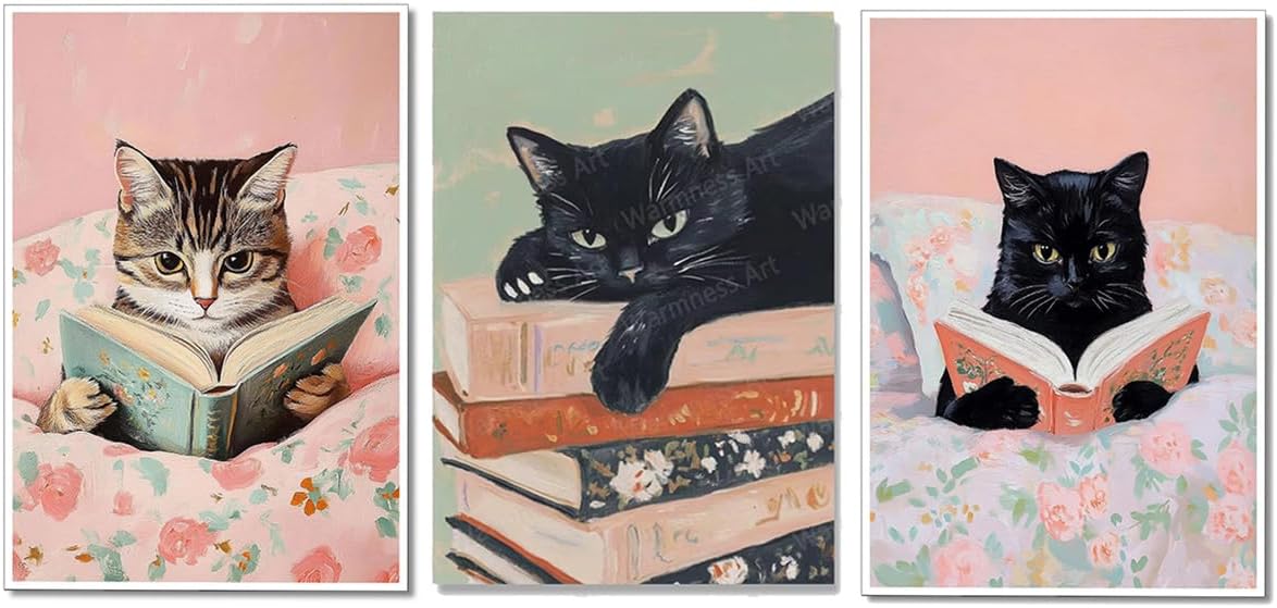 Claudeshop Cat Reading Books Wall Art Decor Poster, Farmhouse Picture Painting Prints for Bedroom Living Room Canvas Wall Decor Mural Artwork 12x16in set 3pcs (Unframed)