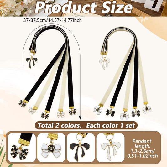 2Pcs Ribbon Bookmark Velvet Ribbons Bible Bookmarks Black White Velvet Ribbons Book Marks with Alloy Bowknot Pendant Multi-Strand Bible Book Marks for Women Men Book Lovers