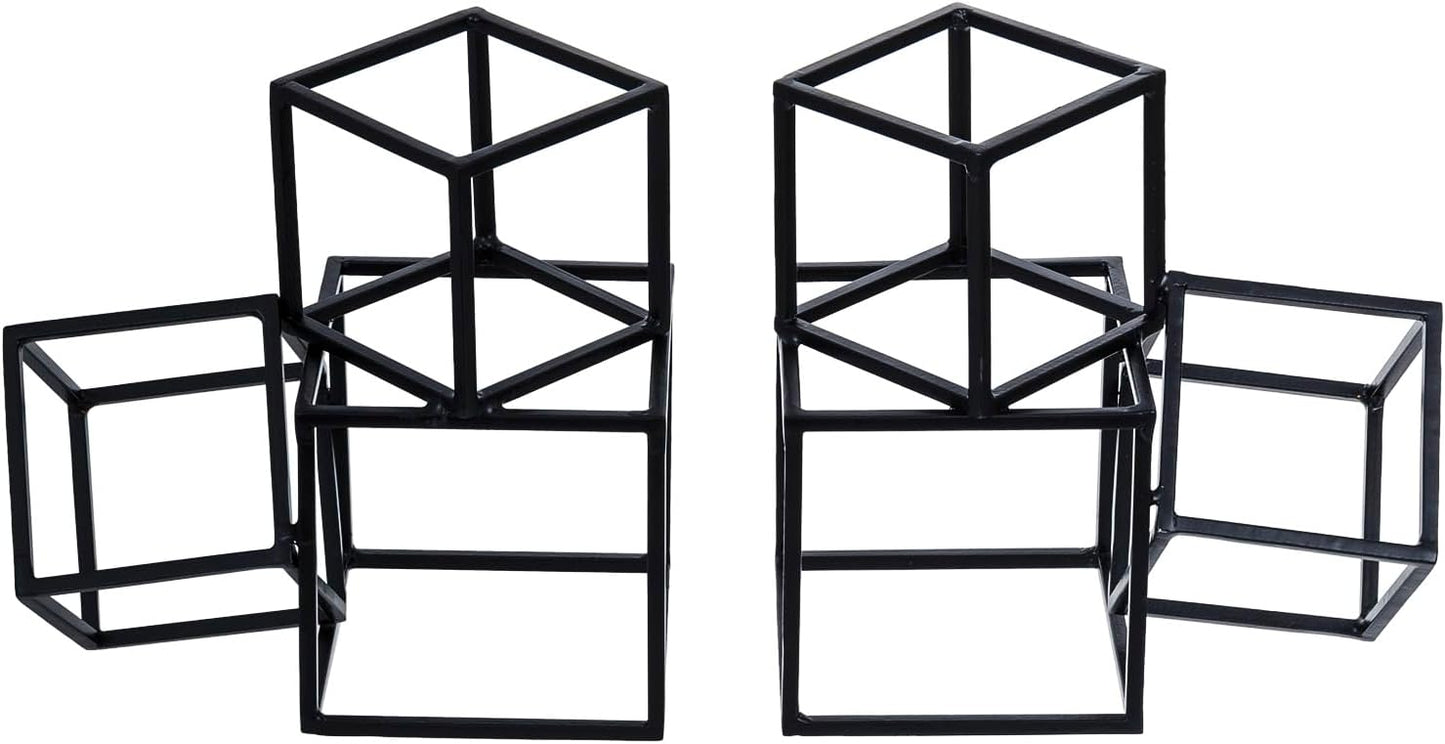 MyGift Modern Black Metal Geometric Bookends, Decorative Book Ends Stands for Home Library Bookshelf Office Desk, 1 Pair, Handcrafted in India, 3 Cube Frame Design