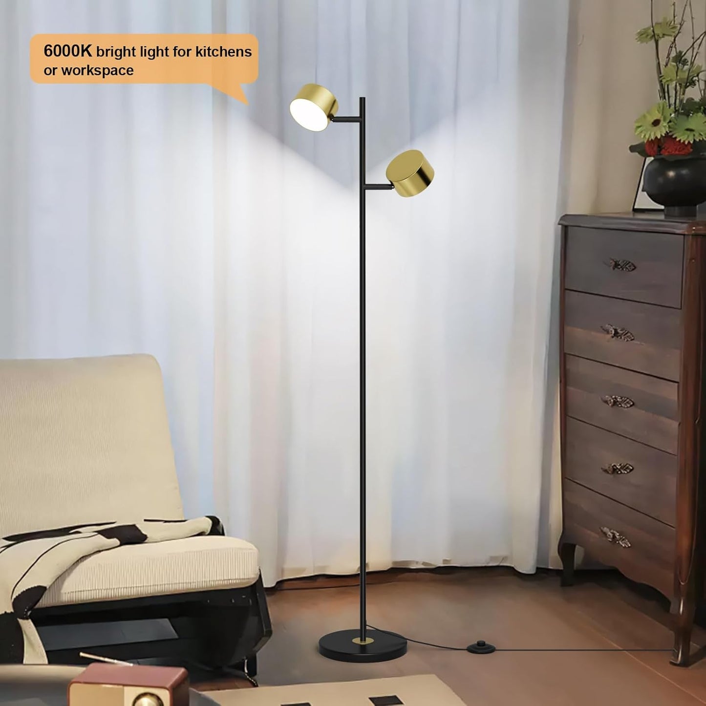 LED Floor Lamp with 3 Color Temperatures, Flexible Heads & Foot Switch, Adjustable Standing Reading Lamp for Office, Bedroom & Living Room