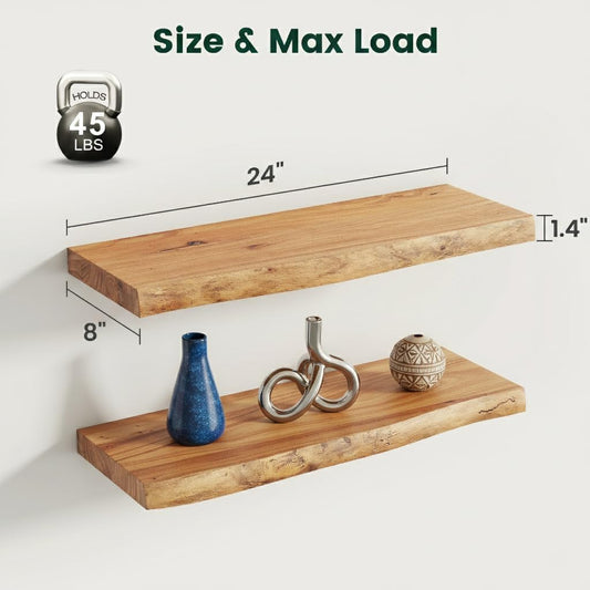 24 Inch Live Edge Floating Shelves, 8 Inch Deep Solid Elm Wood Wall Shelf, Heavy-Duty Wall Mounted Shelf with Invisible Brackets for Living Room, Bathroom, Kitchen, Set of 2, Natural Color