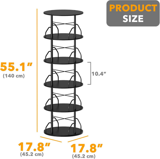 SpaceAid 5 Tier Rotating Bookshelf Tower, 360 Display Stackable Spinning Bookcase, Space Saving Revolving Round Book Shelf, Floor Standing Swivel Corner Organizer, Black