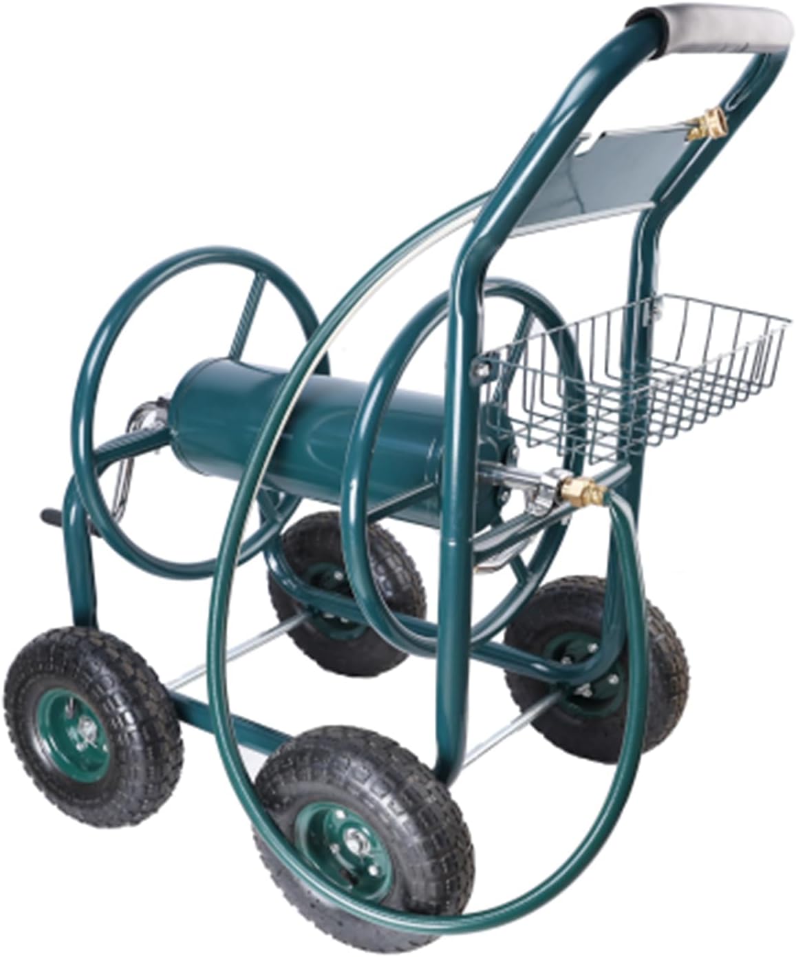 Garden Hose Reel Cart, Portable 4 Wheels Water Hose Reel Cart with Storage Basket, Heavy-Duty Water Hose Holder Trolley for Yard Garden Farm Green As Shown