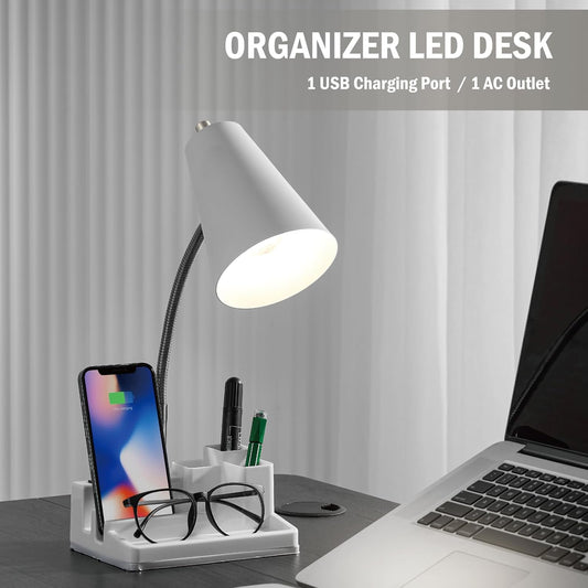E26 Desk Lamp with 1 USB Charging Port and 1 AC Outlet, Organizer Base, Adjustable Neck, On/Off Switch, Modern Table Lamp for Reading, Working, Studying (White)