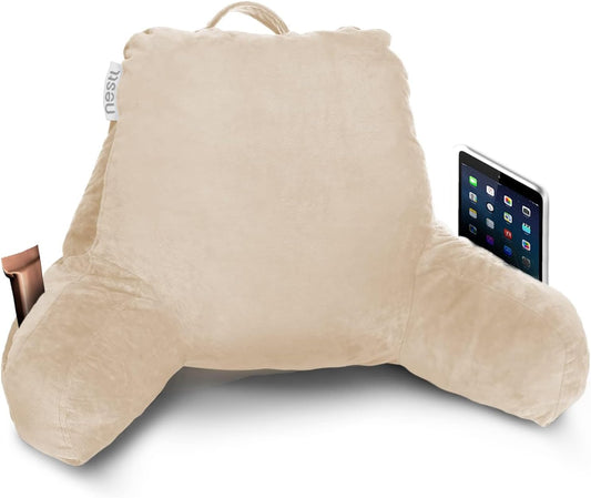 Nestl Reading Pillow with Portable Laptop Lap Desk, Velvet Feel Back Pillow for Sitting in Bed, Shredded Memory Foam Back Support Pillow for Bed, Bed Rest Pillow with Arms, Small - Cream