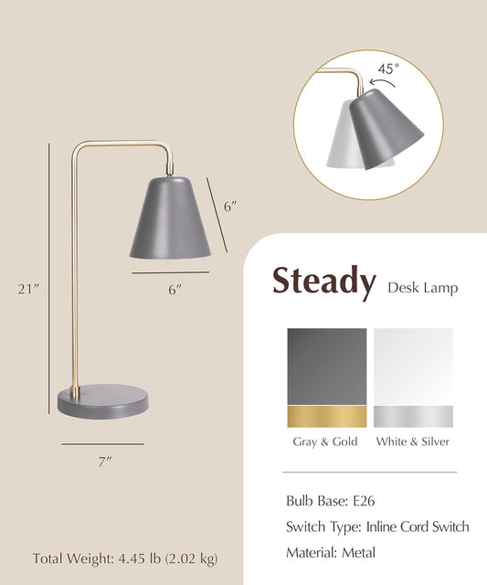HarvestLand Steady Silver Reading Lamps for Bedside Table – Adjustable Industrial Table Lamp with Solid Base, Lamp for nightstand, Desk Lamp Home Office, Mid Century Modern Reading Lamp Style